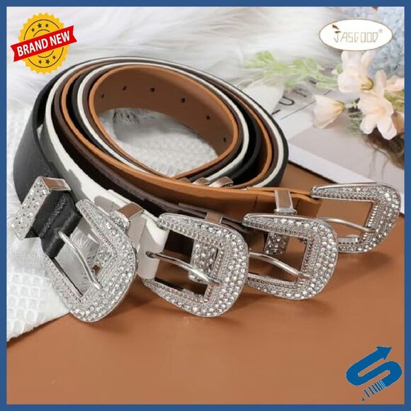 Western Leather Belt with Rhinestone Buckle for Women Size 26-44